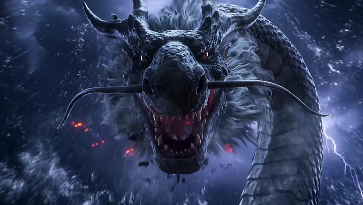 A horned sea dragon with glowing red eyes rising out of a storm-lit ocean
