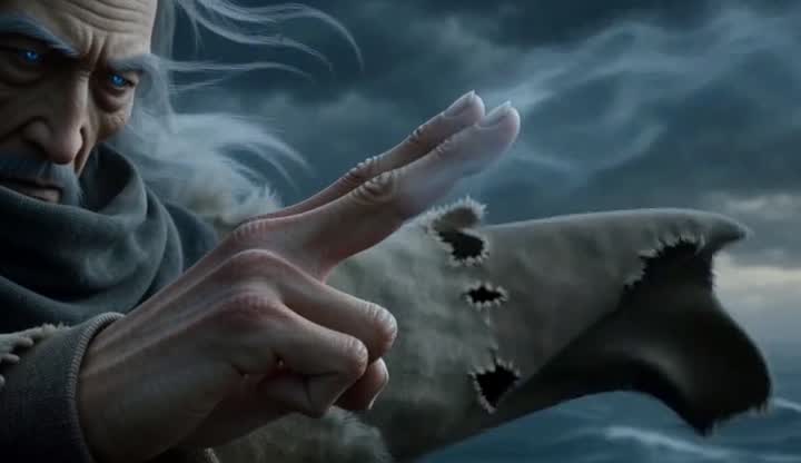 A weathered man in a torn cloak raising two fingers as the wind tears at him