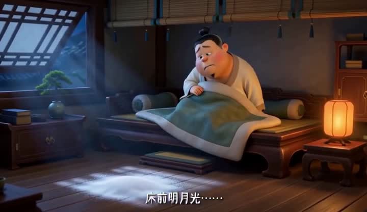 Stylised animation of a child lying awake in a moonlit wooden room