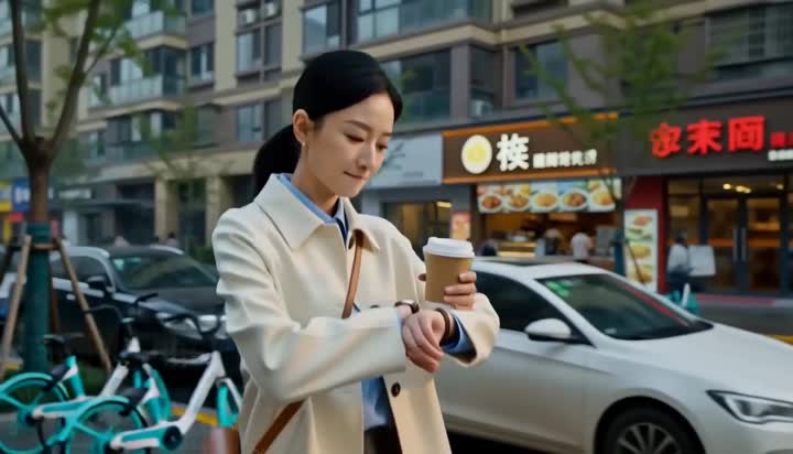 A woman in a beige coat checking her watch with a coffee cup on a busy street