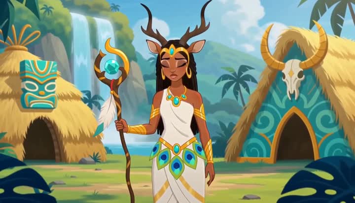 Cartoon character with antlers holding a staff outside a painted island village