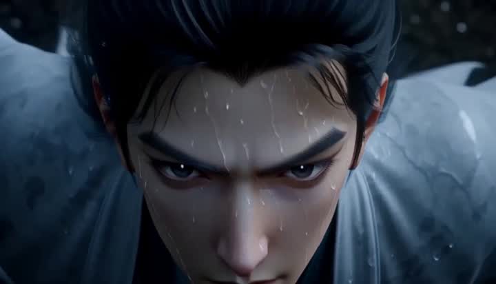 Rain-soaked close-up of a young man staring straight ahead