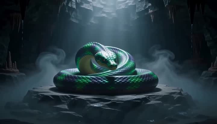 An emerald serpent coiled on a stone plinth in a misty cave